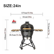 26in Ceramic BBQ Grill, Ceramic Smoker with Stainless Steel Grates,Thermometer, 2 Wooden Handle,Outdoor Cooking,Camping,Picnic(C,24in)