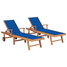 LPERTGFHU Set of 2 Outdoor Sun Loungers, Solid Teak Wood Patio Chaise Lounge with Royal Blue Cushions, Adjustable Recliner Chair with Wheels for Garden Poolside