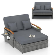 LDAILY Moccha Outdoor Wicker Daybed, Patio Rattan Loveseat Sofa w/ 4-Level Adjustable Backrest, Folding Panels, Storage Ottoman & Cushions, Lounge Furniture Set for Poolside Backyard Porch (Grey)