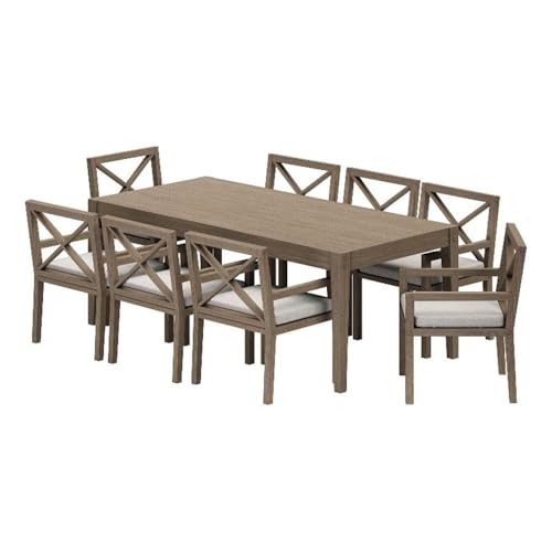 Modway Northlake Teak Wood 9-Piece Outdoor Dining Set in Weathered Gray Pebble – 83 Inch Backyard Patio Dining Table with 8 Armchairs