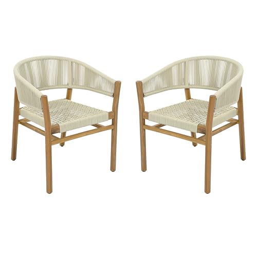 Outdoor Accent Chair Set of 2, Rope Woven Patio Chairs with Acacia Wood Frame, Comfortable Garden Seating with Curved Backrest and Armrests, Elegant Outdoor Chairs for Patio Balcony Porch, Beige