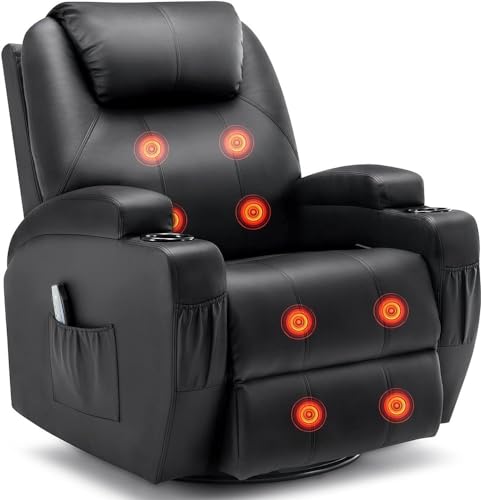UOPYNE Electric Rocking Recliner Chair with Massage and Heat, 360° Swivel Recliner with Cup Holder, Side Pockets & Remote Control, Comfortable Rocker Recliner for Living Room Bedroom