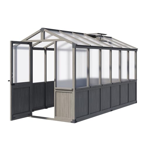 6x12 FT Outdoor Wooden Greenhouse with Automatic Roof Vent, Sturdy Polycarbonate Panels & Lockable Door, Professional Walk-in Greenhouse