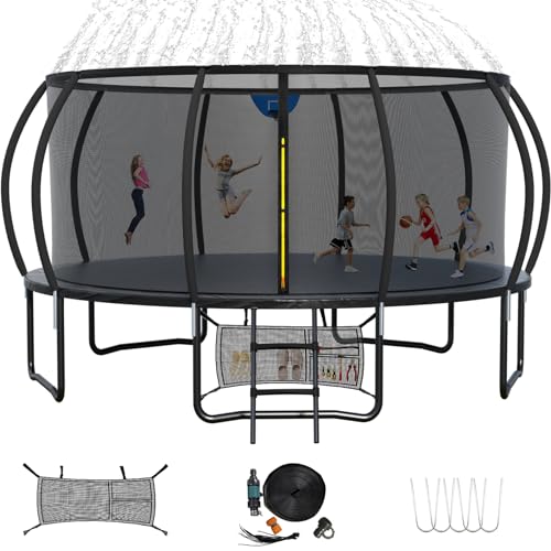 Liyarya 16FT Outdoor Trampoline with Basketball Hoop & Sprinkler, Black