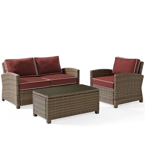 Pemberly Row 3 Piece Wicker Patio Sofa Set, Brown and Sangria Finish, All-Weather Resin Wicker, Steel Frame, UV-Resistant Cushions, Includes Loveseat, Armchair, Coffee Table, Outdoor Seating for Patio