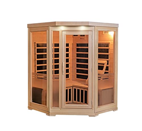 Heat Wave 3 Person Sauna Corner Fitting Infrared FIR FAR 7 Carbon Heaters Hemlock Wood MP3 Player 2 Speakers Color Therapy Light LED Control Panel Wood