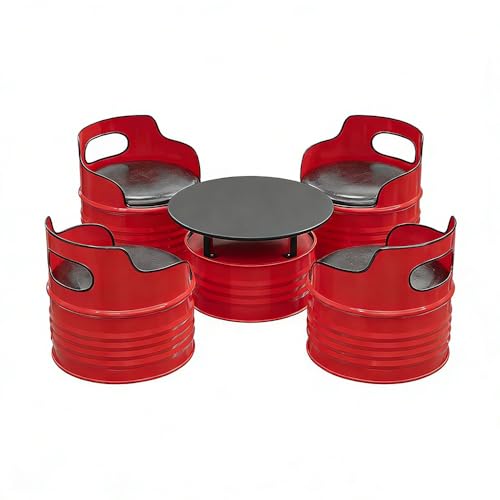 JOSOGO Industrial Barrel Table and Chairs, Heavy-Duty Metal Patio Furniture with PU Leather Cushions, Round Coffee with Storage for Balcony Game Room(F)
