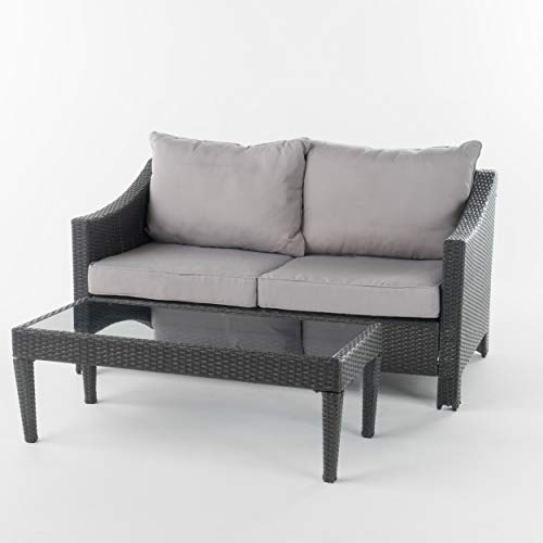 GDFStudio Outdoor Wicker Loveseat & Table Water Resistant Fabric Cushions (Grey/Silver)