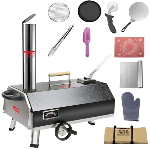 BAYUELSWU Stainless Steel Pizza Oven Outdoor 12" Automatic Rotatable Pizza Ovens, Portable Wood Pizza Oven for Outside Kitchen Backyard (Black)