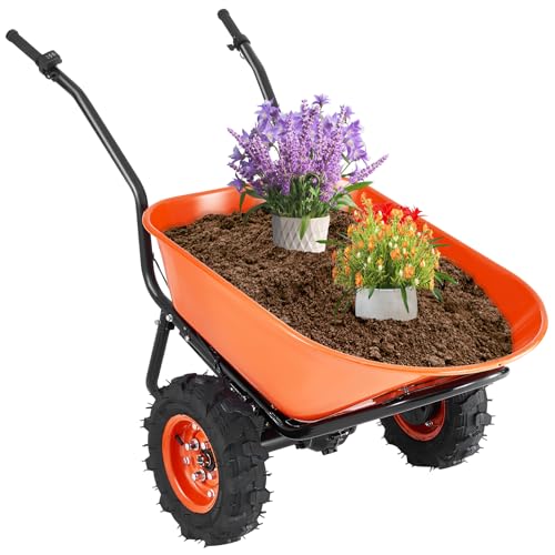 VEVOR Electric Wheelbarrow Cart, 500W Powered Utility Garden Wagon Dump Cart, 4.5 Cu. Ft. Load & 573 lbs Capacity with Metal Handle & 16" Track Wheels, Two Wheel Barrow Yard Cart & Wagons for Lawn