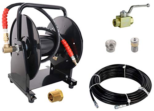 Scheiffer Sewer Jetting Kit - Ball Valve Hose Reel 1/8" x 100' Sewer Jetting Hose Button Nose and Rotating Nozzles
