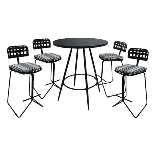 Pemberly Row Outdoor/Indoor Metal Pub Set, 30 in Bar Height Stool, Gray Fabric, Black Powder-Coated Frame, Durable Welded Design, UV-Resistant, Non-Swivel Stools for Patio, Deck, or Porch Dining