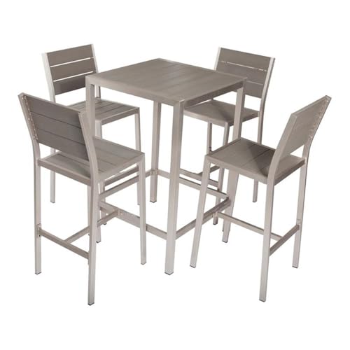 Pemberly Row 5-Piece Modern Patio Bar Set, Aluminum Frame, Polyresin Table Top and Chair Seats, Gray Finish, Outdoor Dining Furniture