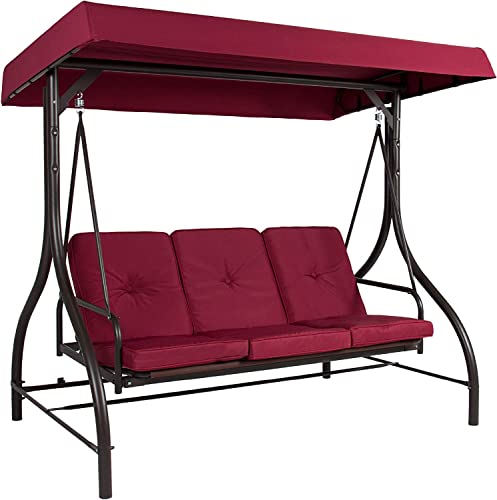 3-Seat Outdoor Large Converting Canopy Swing Glider, Patio Hammock Lounge Chair for Porch,Porch Swing Backyard w/Flatbed, Adjustable Shade, Removable Cushions - Burgundy sadr3