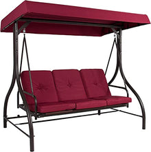 3-Seat Outdoor Large Converting Canopy Swing Glider, Patio Hammock Lounge Chair for Porch,Porch Swing Backyard w/Flatbed, Adjustable Shade, Removable Cushions - Burgundy sadr3