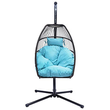 Hanging Rope Swing Seat Patio Wicker Folding Hanging Chair with Cushion and Pillow Rattan Swing Hammock Egg Chair with X Type Base and C Type Bracket for Indoor/Outdoor(Black+Blue)