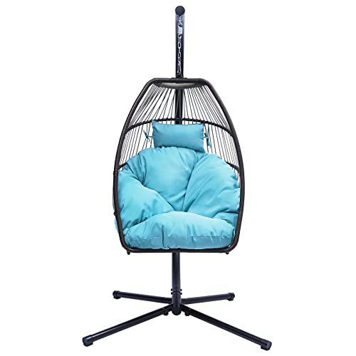 Hanging Rope Swing Seat Patio Wicker Folding Hanging Chair with Cushion and Pillow Rattan Swing Hammock Egg Chair with X Type Base and C Type Bracket for Indoor/Outdoor(Black+Blue)