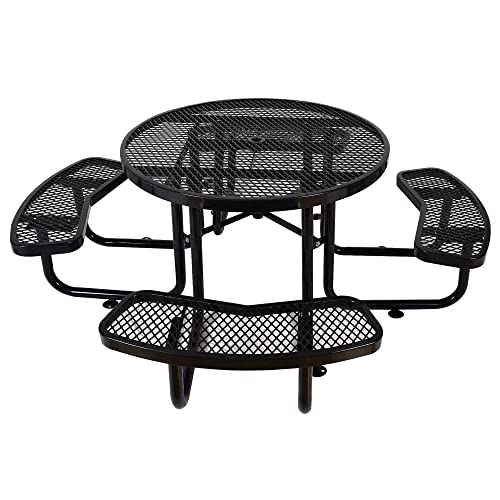 FEIYAW 46 Inch 8-Person Round Outdoor Steel Picnic Table with Umbrella Pole, Dining Set DIY w/ 4 Built-in Benches for Patio Backyard Garden