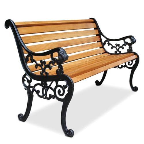 Outdoor Solid Wood Garden Park Bench for 2-3 People, Weatherproof Patio Lawn Bench Porch Seat with Cast Iron Frame, Porch/Deck/Patio Furniture Bench with Backrest and Armrests(Teak+Black Chair Legs,12