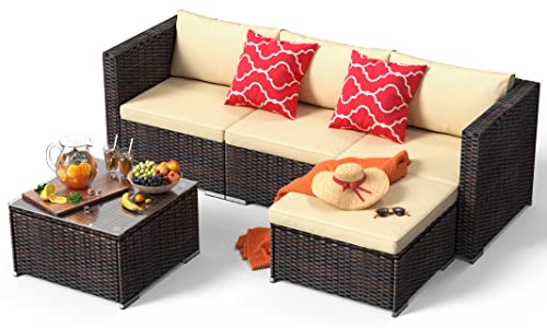 Qsun 5-Piece Patio Furniture Set Outdoor Couch with Glass Coffee Table and Two Pillows, Outdoor Sectional Conversation Set (Brown Rattan, Beige Cushion)