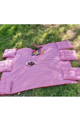 SODEF Picnic Set 7 Piece: 6 Square Cushions 40x40cm & 1 Tablecloth 170x170cm, Red Fabric, Multi-Purpose Outdoor Use - Red