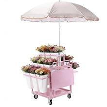 Rolling Flower Stand with 18 Buckets Flower Cart Display Rack with Wheels and Umbrella for Patio Garden Shop Wedding Party