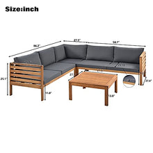 AOCHUANG Eucalyptus Wood 4 Piece Sectional Sofa Set Coffee Table Removable Cushion,Patio Seating Group L Shape Corner Garden Backyard Poolside (Natural Wood+Gray), 58.7inch x 27.6inch 25.1inch(L W H)