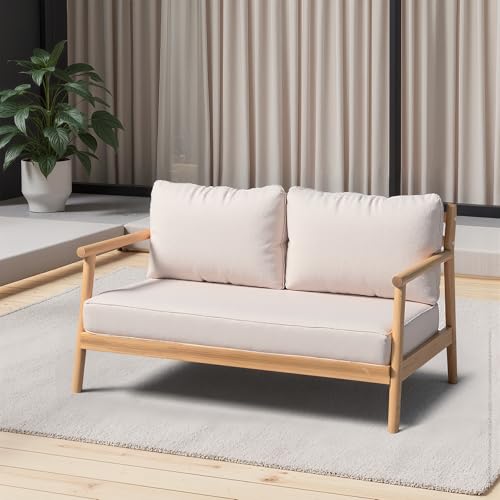 roomfitters Outdoor Wood Patio Loveseat Sofa, Modern Deep Seating 2 Seater Bench Couch with Cushions for Deck, Teak and Beige