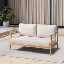 roomfitters Outdoor Wood Patio Loveseat Sofa, Modern Deep Seating 2 Seater Bench Couch with Cushions for Deck, Teak and Beige