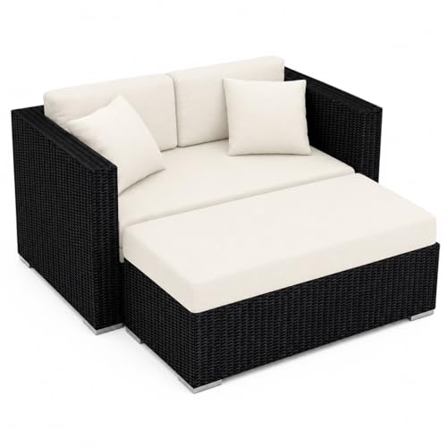 Golden Flame Outdoor Day Lounger with Matching Ottoman, All-Weather HDPE Wicker Patio Chaise Lounge with Plush Cushions, Powder-Coated Aluminum Frame, Deep Outdoor Seating - Canvas Natural