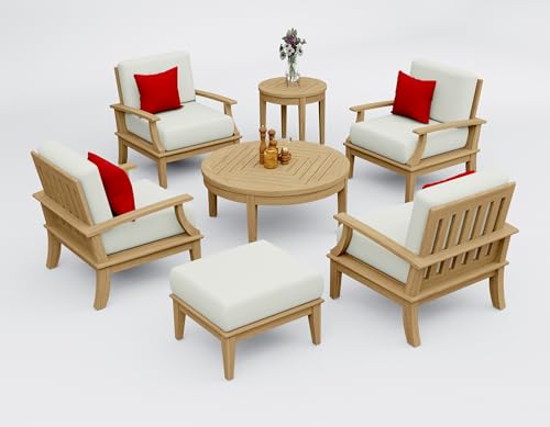 WholesaleTeakFurniture Somer 7 Piece Teak Wood Lounge Chair Set: 4 Lounge Chairs, Ottoman, Round Coffee Table & Round Side Table with Cushions in Outdoor Sunbrella Fabric #5404 Canvas Natural
