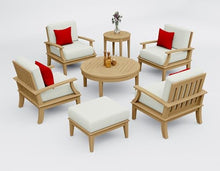WholesaleTeakFurniture Somer 7 Piece Teak Wood Lounge Chair Set: 4 Lounge Chairs, Ottoman, Round Coffee Table & Round Side Table with Cushions in Outdoor Sunbrella Fabric #5404 Canvas Natural