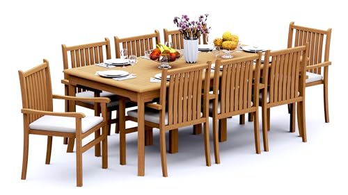 TeakStation 8 Seater Grade-A Teak Wood 9 Pc Dining Set: 83" Rectangle Table and 8 Cahyo Stacking Arm Chairs #31CH1808