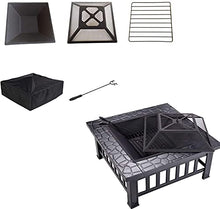 Fire Pit Table with BBQ Grill Shelf, Square Firepit for Barbecue, Heater, Ice Pit, Metal Brazier for Garden Patio Outdoor, with Waterproof Cover Outdoor Fire Pit