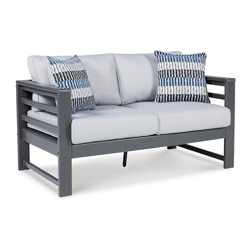 Benzara 55 Inch Outdoor Loveseat Gray Frame Cushioned Seat with 2 Throw Pillows Grey
