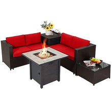 5 PCS Patio Rattan Furniture Set 30" Fire Pit Table W/Cover Cushion Red