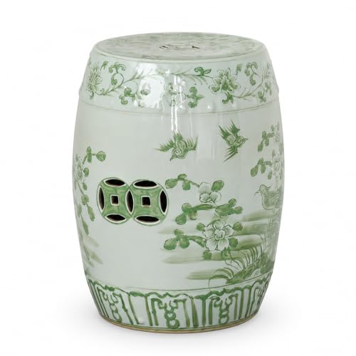18.5" Ceramic Garden Stool, Green & White Chinoiserie Flower Bird Motif Drum Stool, Indoor Outdoor Patio Accent Side Table, Plant Stand and Decorative Stool for Living Room, Garden, Balcony green