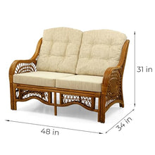 Wickerix Malibu Lounge Loveseat Sofa Natural Rattan Wicker Handmade Design with Cream Cushions, Colonial Color