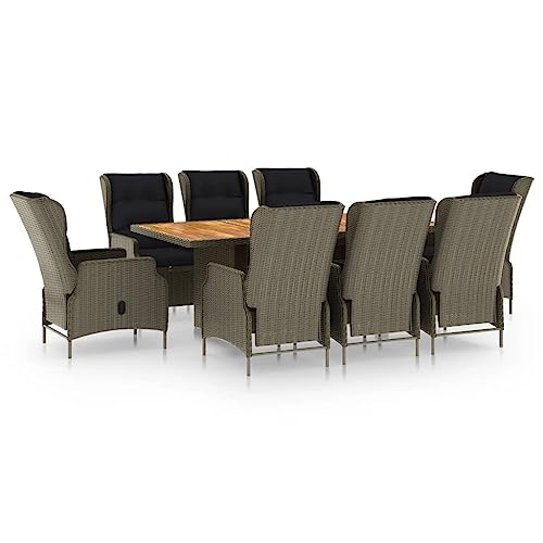 LKJephalotrope 9 Piece Patio Dining Set with Reclining Chairs, Brown Poly Rattan Outdoor Furniture Set with Solid Acacia Wood Table and 8 Padded Armchairs for Garden, Backyard and Porch
