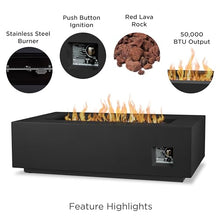 Real Flame Aegean 50in Rectangle Propane or Natural Gas Fire Pit Table, 50,000 BTU, Powder-Coated Steel, Push-Button Ignition, Lava Rock, Storage Cover, Stainless Steel Burner with Lid - Black