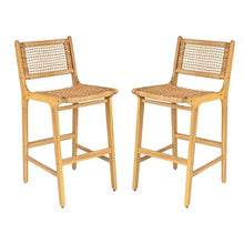 Christopher Knight Home Merry Patio Acacia Wood Bar Stool Set of 2, Counter Height Barstool Set for Bar Table,Handwoven Wicker Kitchen Island Dining Chair,Wooden Counter Stool with Footrest,Light Teak