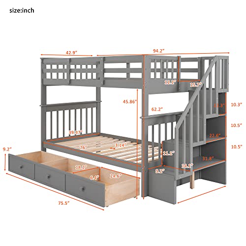 BIADNBZ Twin Over Twin Bunk Bed with Stairs and Storage Drawers Grey