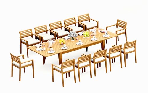 TeakStation 12 Seater Grade-A Teak Wood 13 Pc Dining Set: 122" Atnas Double Extension Rectangle Table and 12 Montana Stacking Arm Chairs #31MT2812