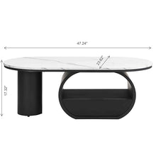 Luxury Modern Oval Coffee Table with Storage Drawer & Shelf, 47.24'' Faux Marble Top Center Table for Living Room, Black Metal Frame Sofa Table with Adjustable Feet, Easy Assembly