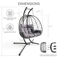 GDFStudio Double Hanging Egg Chair with Stand, Patio Hammock Swing Loveseat for Two, Oversized Wicker Chair with Cushion, Indoor Outdoor, Grey