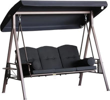 3-Seat Patio Swing Chair with Canopy & Side Trays, Black