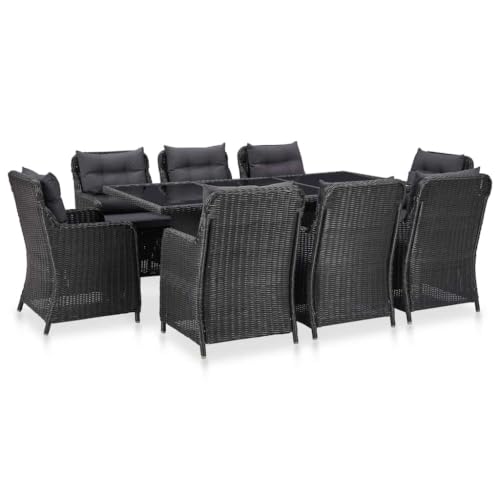 LPERTGFHU 9 Piece Patio Dining Set for 8 People, Half Round Poly Rattan Outdoor Furniture with Black Glass Tabletop and Cushioned Chairs