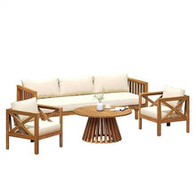 Merax Outdoor 4-Piece Acacia Wood Conversation Set - Patio 3-Seat Loveseat Sofa Daybed with Cushion, 2 Armchair and Round Coffee Table for Backyard, Lawn, Balcony, Teak + Beige