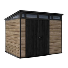 Keter Signature Collection 9x7 Ft All-Weather Storage Shed with Skylight, Window, Built-in Ventilation, & Lockable Double Doors, Ashwood