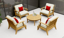 WholesaleTeak Teak Wood 5 Pc Lounge Chair Set: 4 Lounge Chairs & Round Coffee Table with Cushions in Outdoor Fabric #5404 Canvas Natural